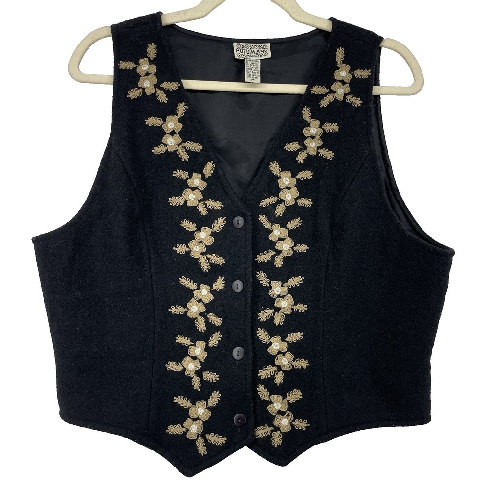 PUTUMAYO Size M Boho Chic Embroidered Vest‎ Wool Blend Western Floral Black Tan